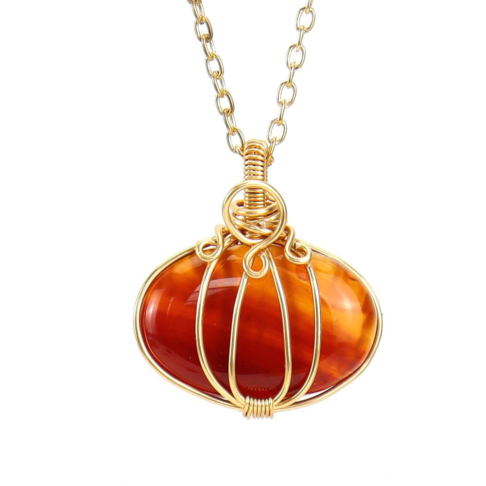 Crystal Halloween Pumpkin Lantern Pendant Necklaces GEMROCKY-Jewelry-Red Agate-