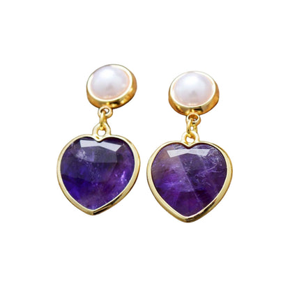 Crystal Heart Shape Drop Pearl Eardrop Earrings GEMROCKY-Jewelry-Amethyst-