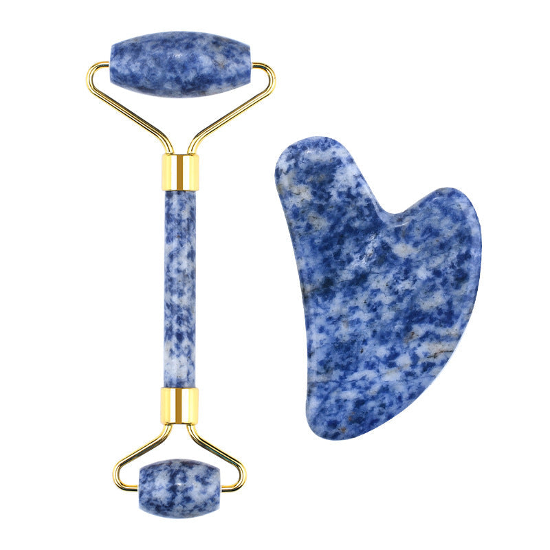 Crystal Heart Shape Scraping Board and Massager Roller Set Face Skincare Use GEMROCKY-Jewelry-Blue Spot Stone roller + scraping board-