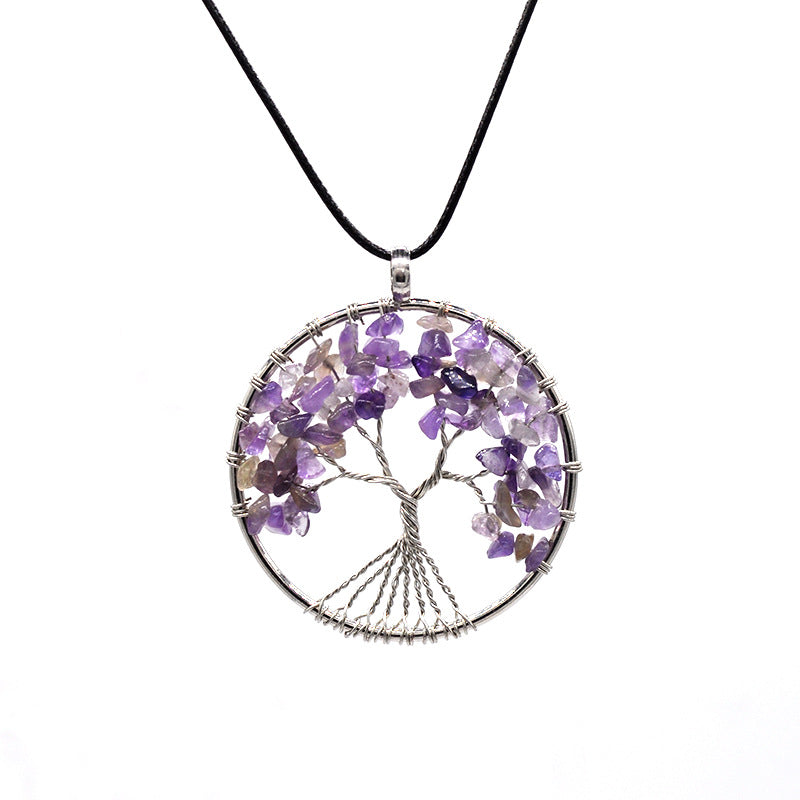 Crystal Life Tree Circle Pendant Necklaces GEMROCKY-Jewelry-Amethyst-Leather Rope-