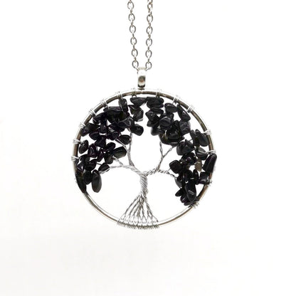 Crystal Life Tree Circle Pendant Necklaces GEMROCKY-Jewelry-Black Obsidian-Silver Chain-