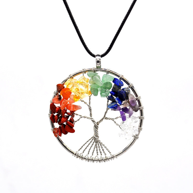 Crystal Life Tree Circle Pendant Necklaces GEMROCKY-Jewelry-Chakra-Leather Rope-