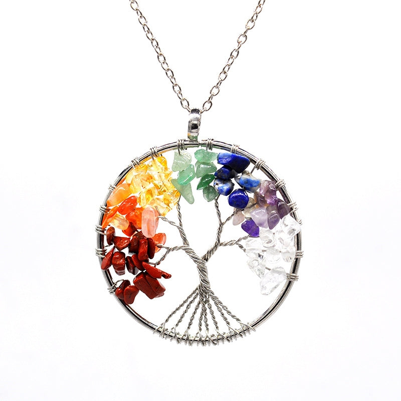 Crystal Life Tree Circle Pendant Necklaces GEMROCKY-Jewelry-Chakra-Silver Chain-