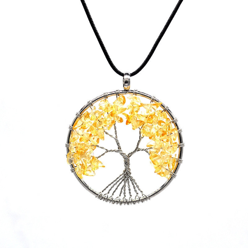 Crystal Life Tree Circle Pendant Necklaces GEMROCKY-Jewelry-Citrine-Leather Rope-