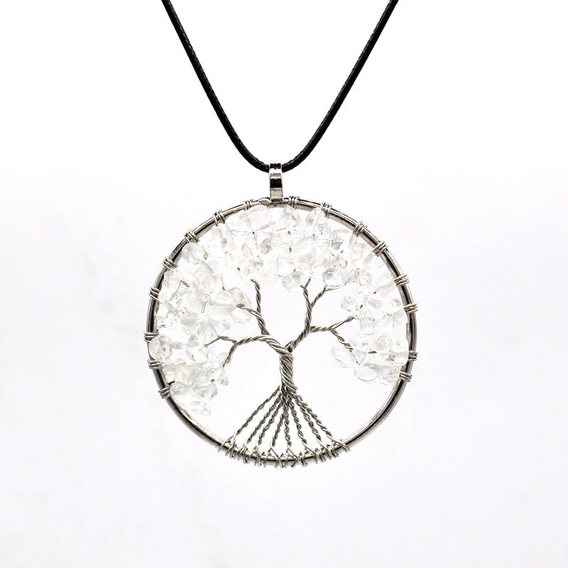 Crystal Life Tree Circle Pendant Necklaces GEMROCKY-Jewelry-Clear Quartz-Leather Rope-