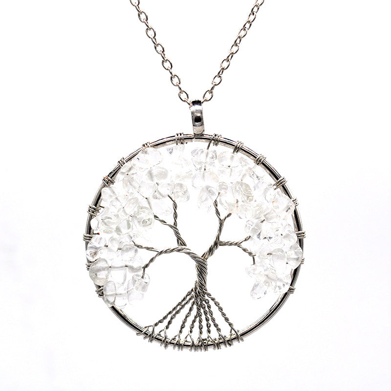 Crystal Life Tree Circle Pendant Necklaces GEMROCKY-Jewelry-Clear Quartz-Silver Chain-