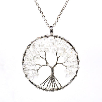 Crystal Life Tree Circle Pendant Necklaces GEMROCKY-Jewelry-Clear Quartz-Silver Chain-