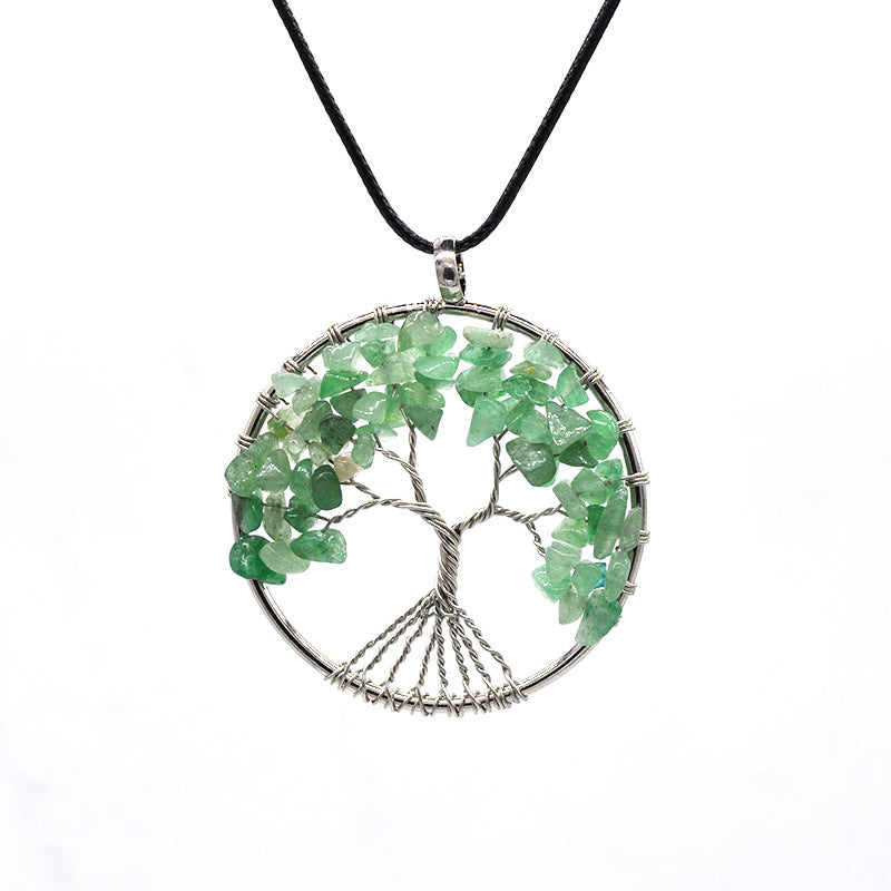 Crystal Life Tree Circle Pendant Necklaces GEMROCKY-Jewelry-Green Aventurine-Leather Rope-