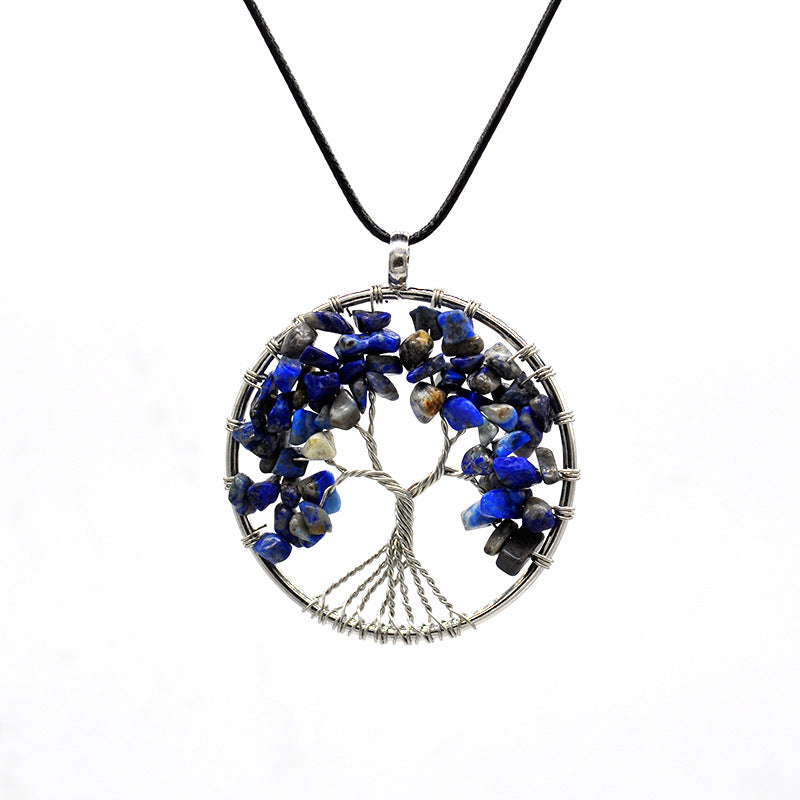 Crystal Life Tree Circle Pendant Necklaces GEMROCKY-Jewelry-Lapis Lazuli-Leather Rope-