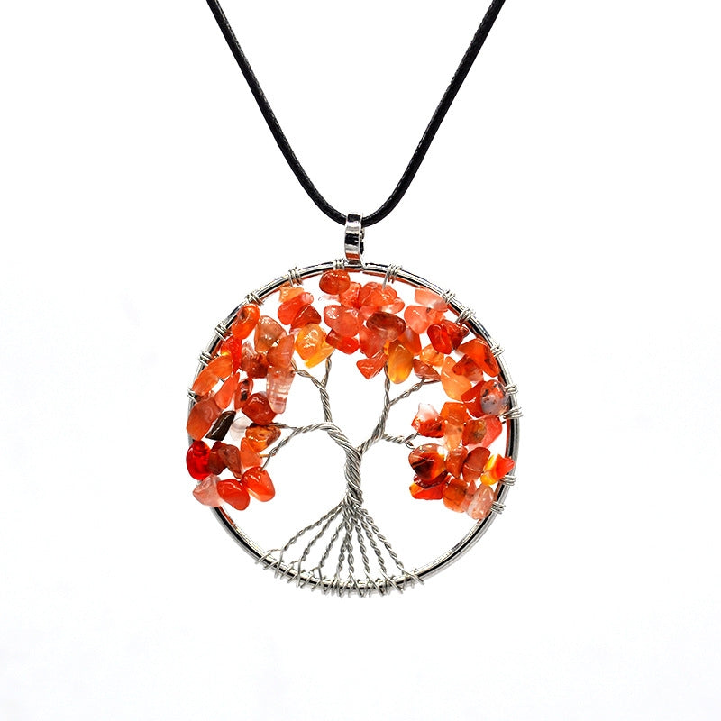 Crystal Life Tree Circle Pendant Necklaces GEMROCKY-Jewelry-Red Agate-Leather Rope-