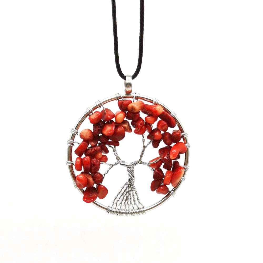 Crystal Life Tree Circle Pendant Necklaces GEMROCKY-Jewelry-Red Coral-Leather Rope-