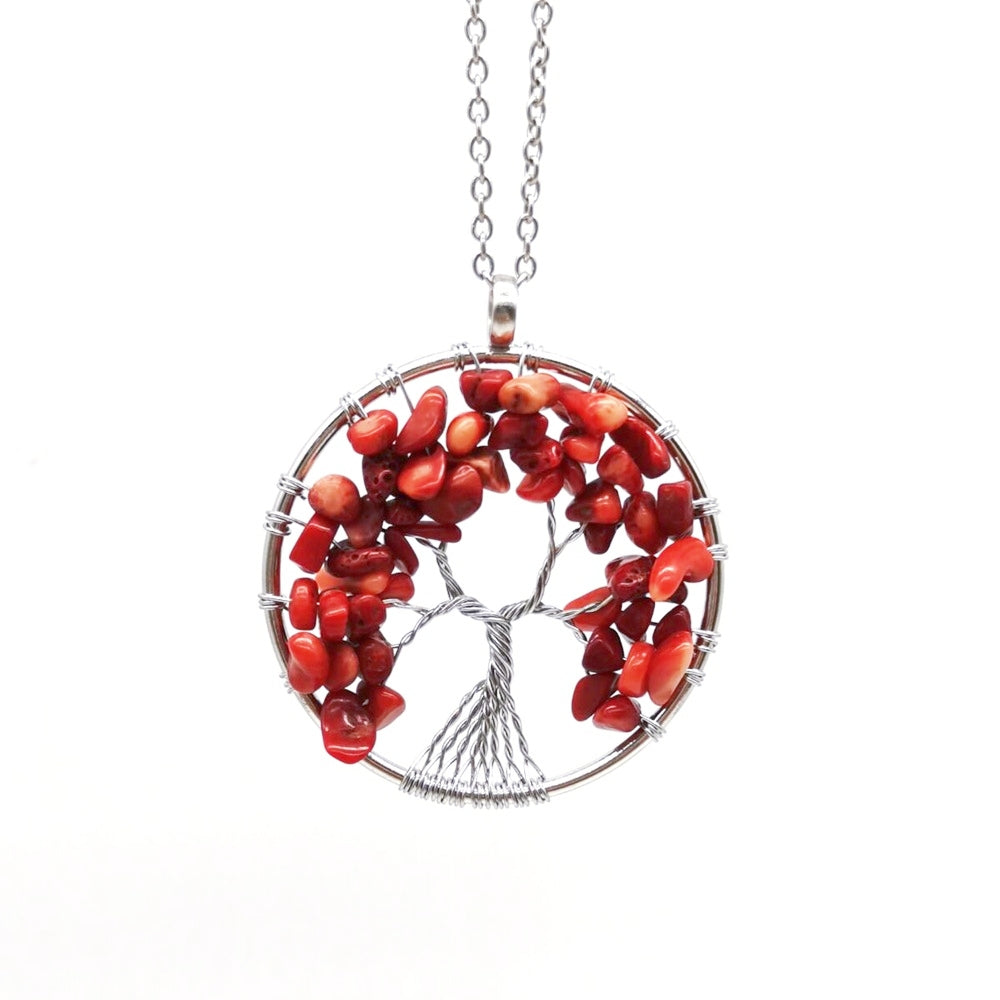 Crystal Life Tree Circle Pendant Necklaces GEMROCKY-Jewelry-Red Coral-Silver Chain-