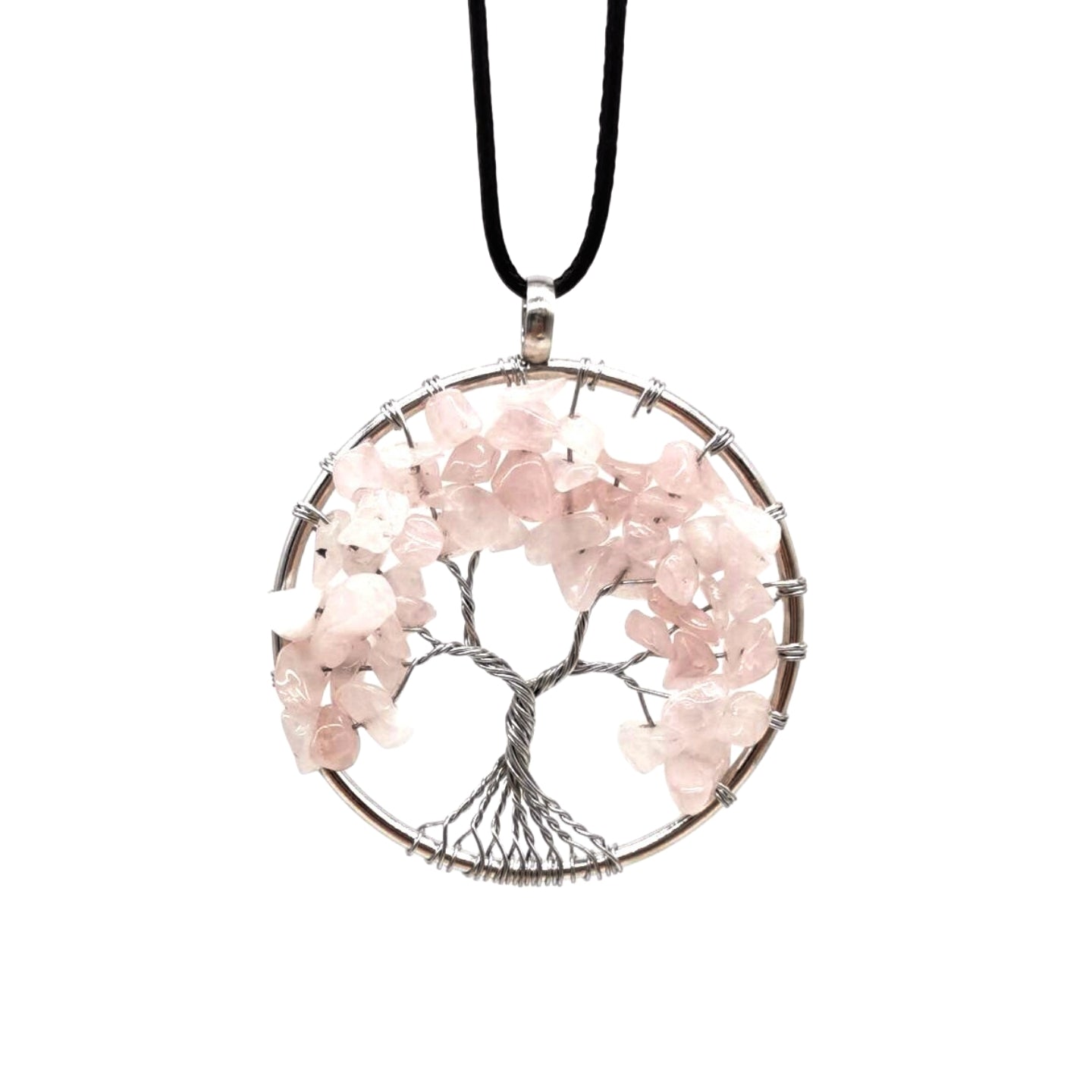 Crystal Life Tree Circle Pendant Necklaces GEMROCKY-Jewelry-Rose Quartz-Leather Rope-