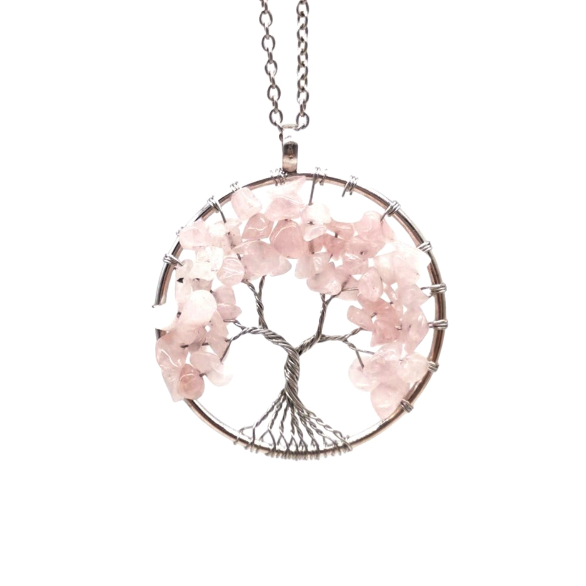 Crystal Life Tree Circle Pendant Necklaces GEMROCKY-Jewelry-Rose Quartz-Silver Chain-