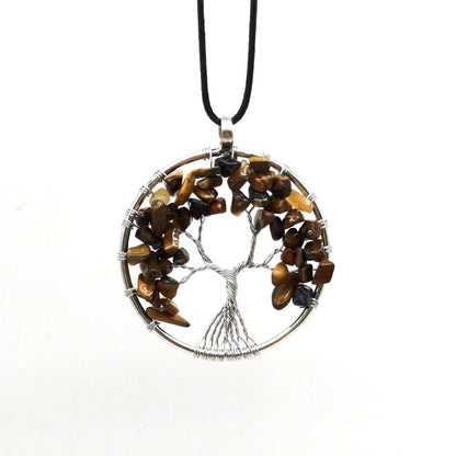 Crystal Life Tree Circle Pendant Necklaces GEMROCKY-Jewelry-Tiger Eye Stone-Leather Rope-