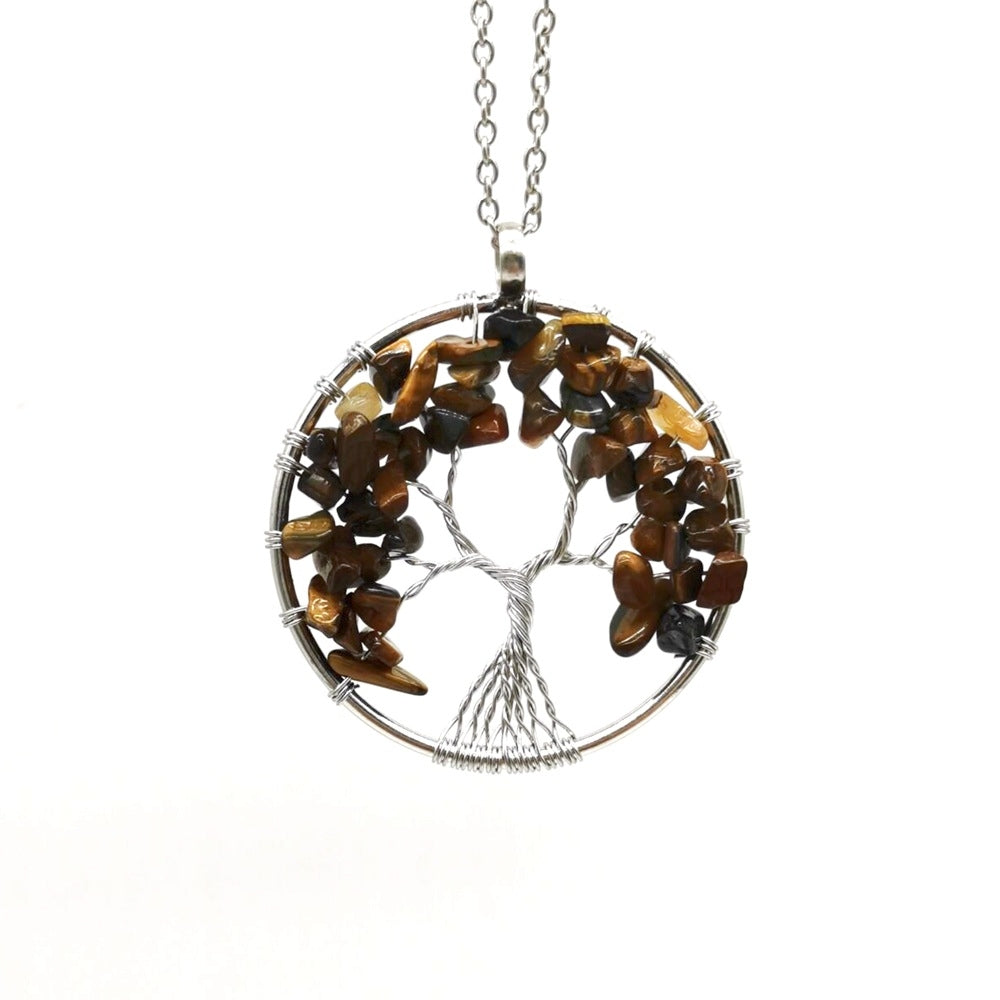 Crystal Life Tree Circle Pendant Necklaces GEMROCKY-Jewelry-Tiger Eye Stone-Silver Chain-