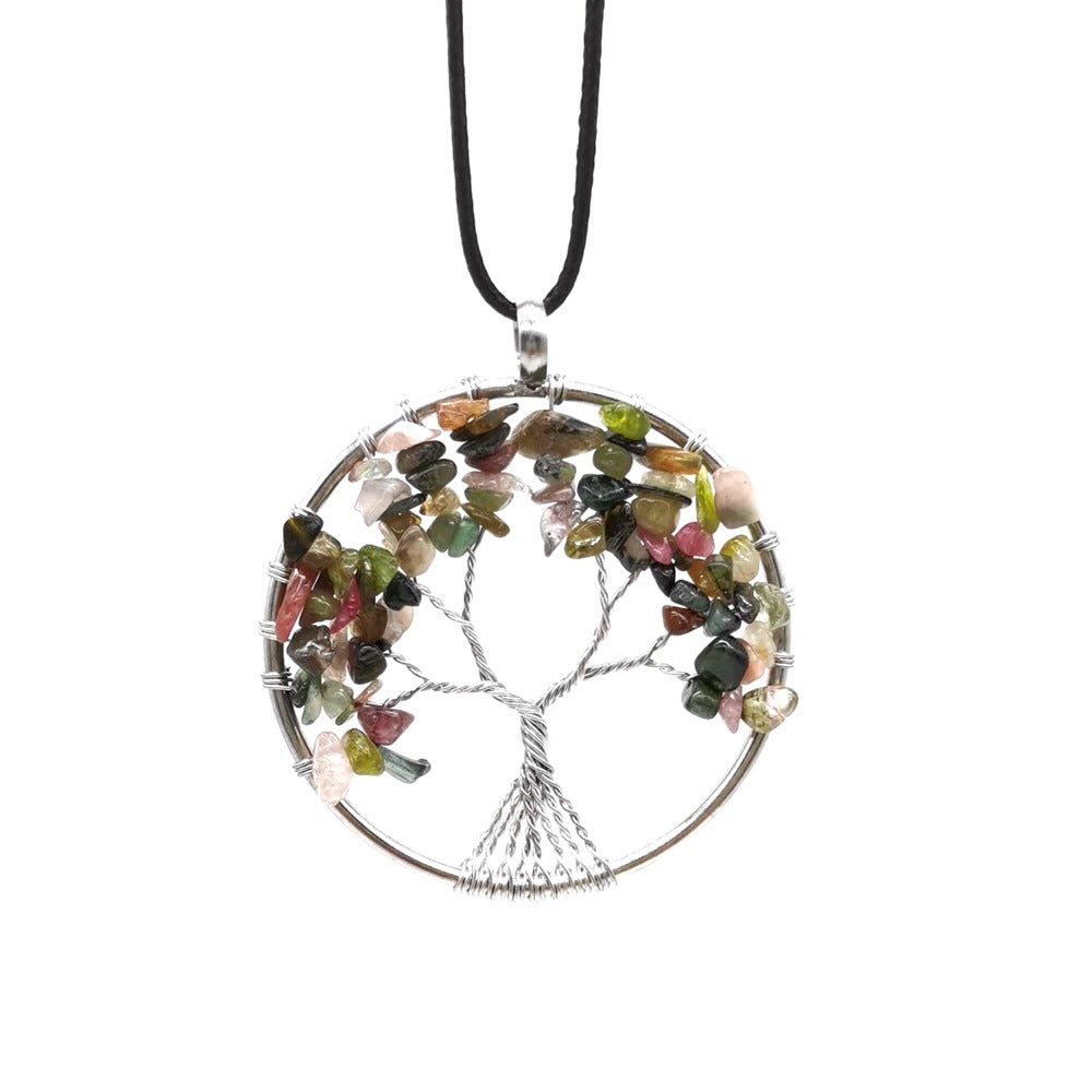 Crystal Life Tree Circle Pendant Necklaces GEMROCKY-Jewelry-Tourmaline-Leather Rope-