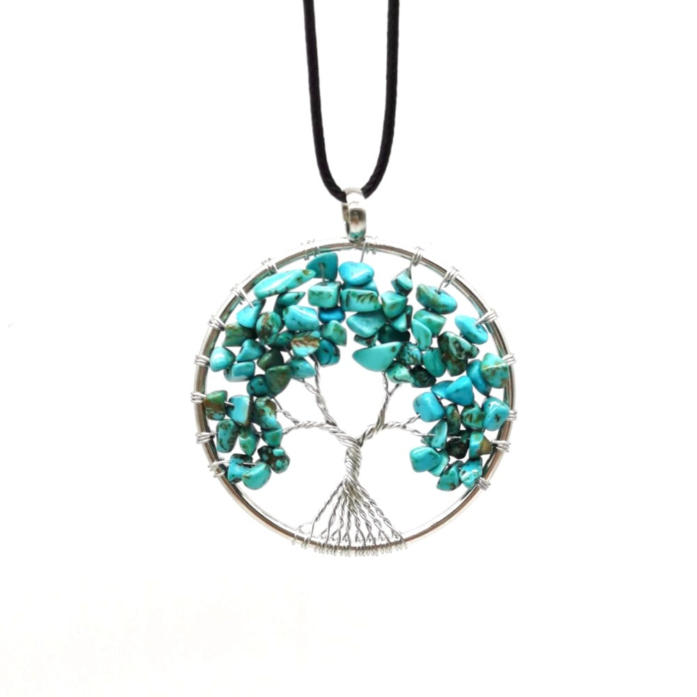 Crystal Life Tree Circle Pendant Necklaces GEMROCKY-Jewelry-Turquoise-Leather Rope-