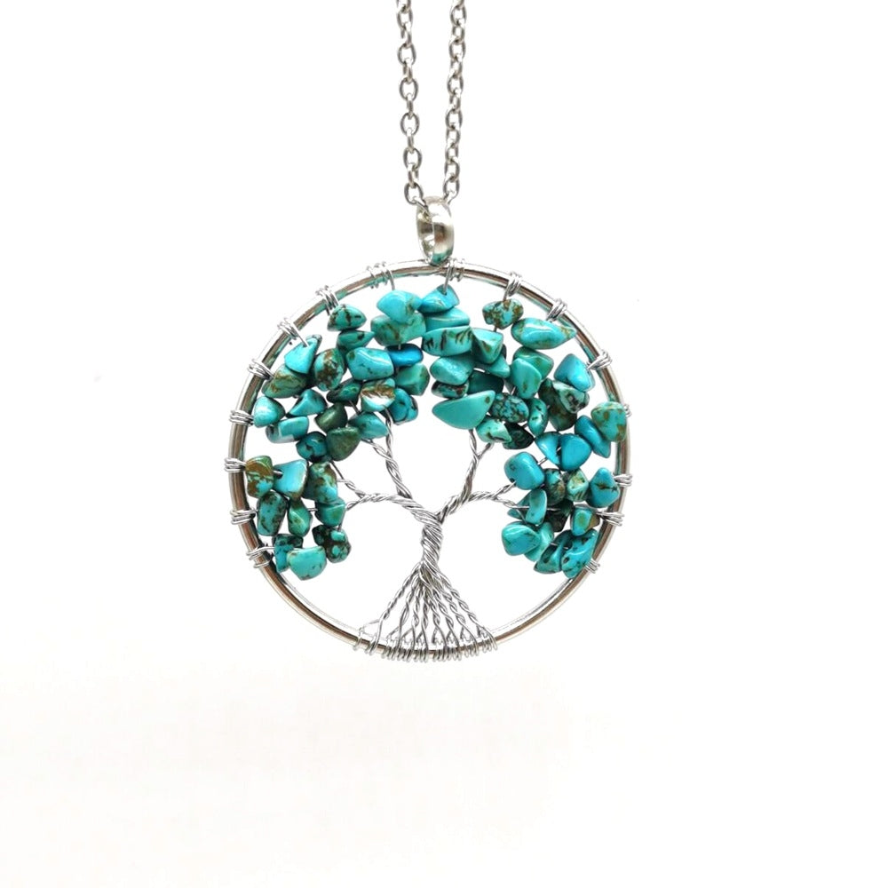 Crystal Life Tree Circle Pendant Necklaces GEMROCKY-Jewelry-Turquoise-Silver Chain-