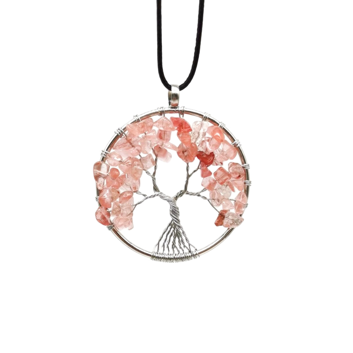 Crystal Life Tree Circle Pendant Necklaces GEMROCKY-Jewelry-Watermelon Stone-Leather Rope-