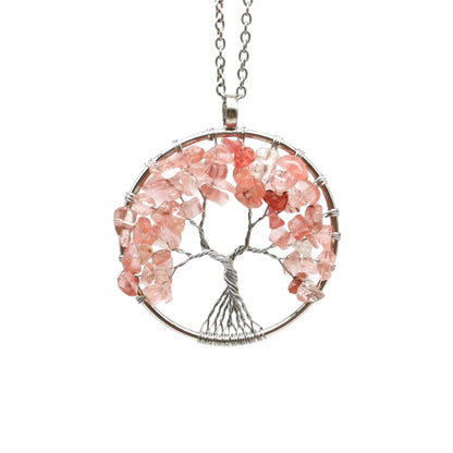 Crystal Life Tree Circle Pendant Necklaces GEMROCKY-Jewelry-Watermelon Stone-Silver Chain-