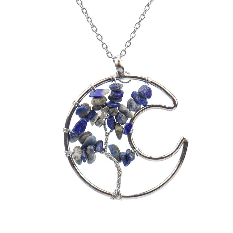 Crystal Life Tree Crescent Moon Pendant Necklaces GEMROCKY-Jewelry-Lapis Lazuli-