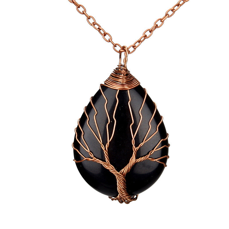 Crystal Life Tree Water Drop Pendant Necklaces GEMROCKY-Jewelry-Black Obsidian Copper-