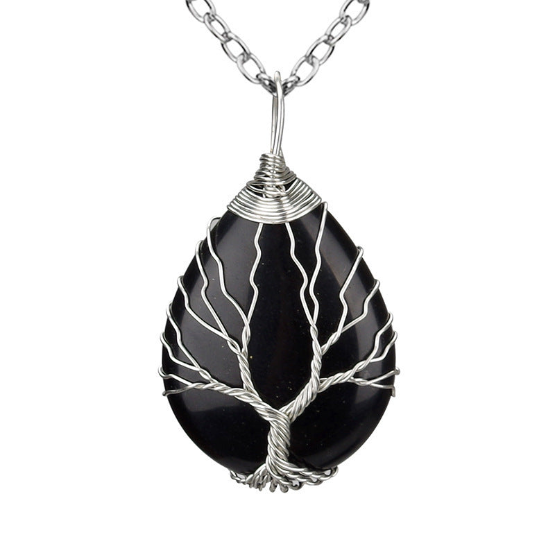 Crystal Life Tree Water Drop Pendant Necklaces GEMROCKY-Jewelry-Black Obsidian Silver-