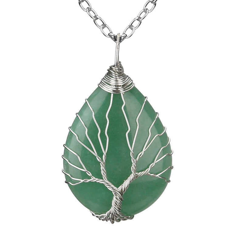 Crystal Life Tree Water Drop Pendant Necklaces GEMROCKY-Jewelry-Green Aventurine Silver-