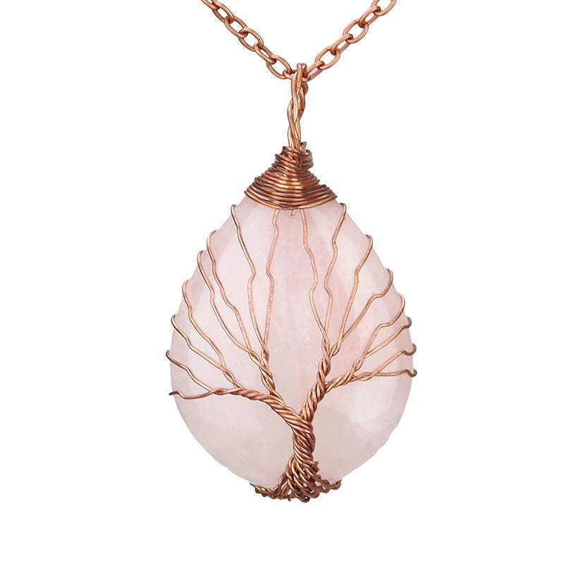 Crystal Life Tree Water Drop Pendant Necklaces GEMROCKY-Jewelry-Rose Quartz Copper-