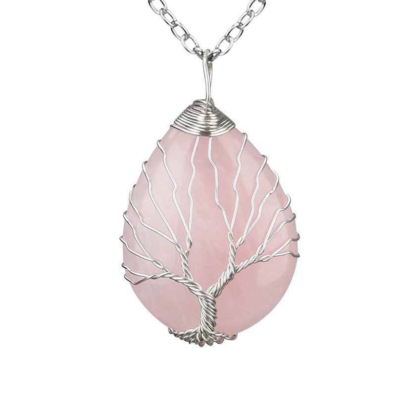 Crystal Life Tree Water Drop Pendant Necklaces GEMROCKY-Jewelry-Rose Quartz Silver-