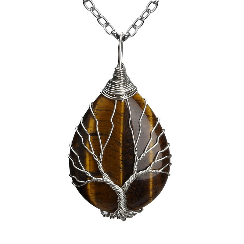 Crystal Life Tree Water Drop Pendant Necklaces GEMROCKY-Jewelry-Tiger Eye Stone Silver-