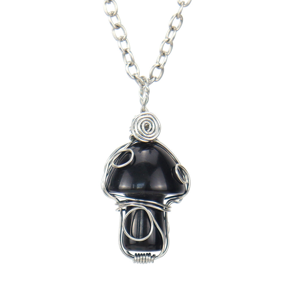 Crystal Mini Mushroom Wired Pendant Necklaces GEMROCKY-Jewelry-Black Obsidian-