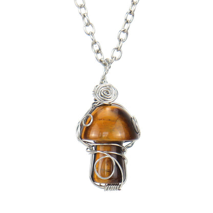 Crystal Mini Mushroom Wired Pendant Necklaces GEMROCKY-Jewelry-Tiger Eye Stone-