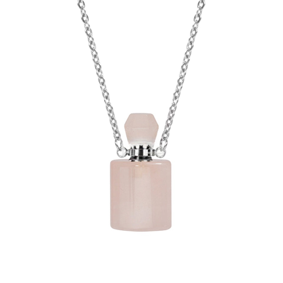 Crystal Perfume Fragrance Mini Bottle Cylinder Pendant Necklaces GEMROCKY-Jewelry-Rose Quartz-Silver Chain-