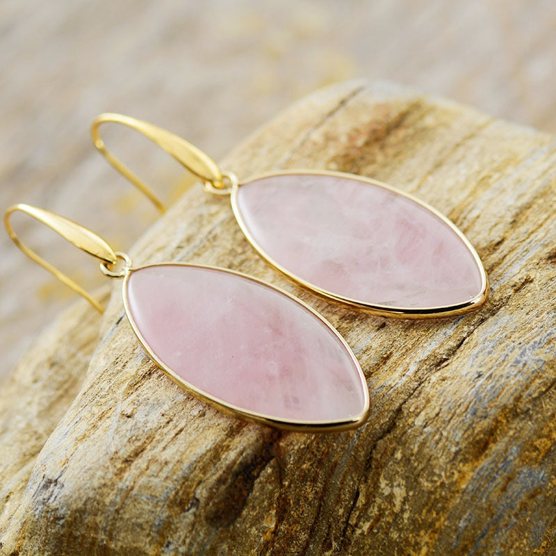Crystal Rose Quartz Leaf Eardrop Earrings GEMROCKY-Jewelry-
