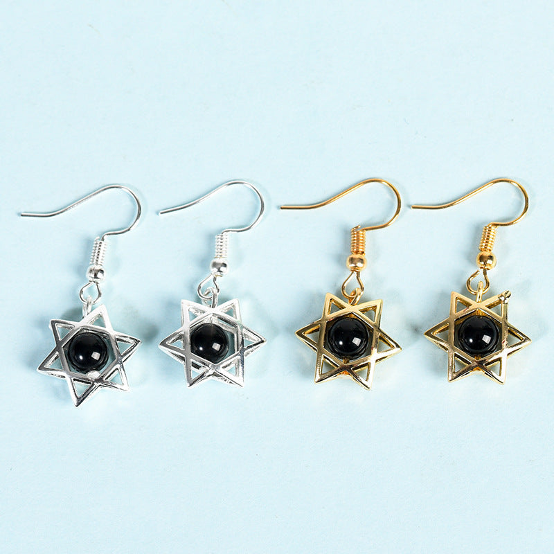 Crystal Sphere Hexagram Star Vintage Eardrop Earrings GEMROCKY-Jewelry-Black Obsidian-