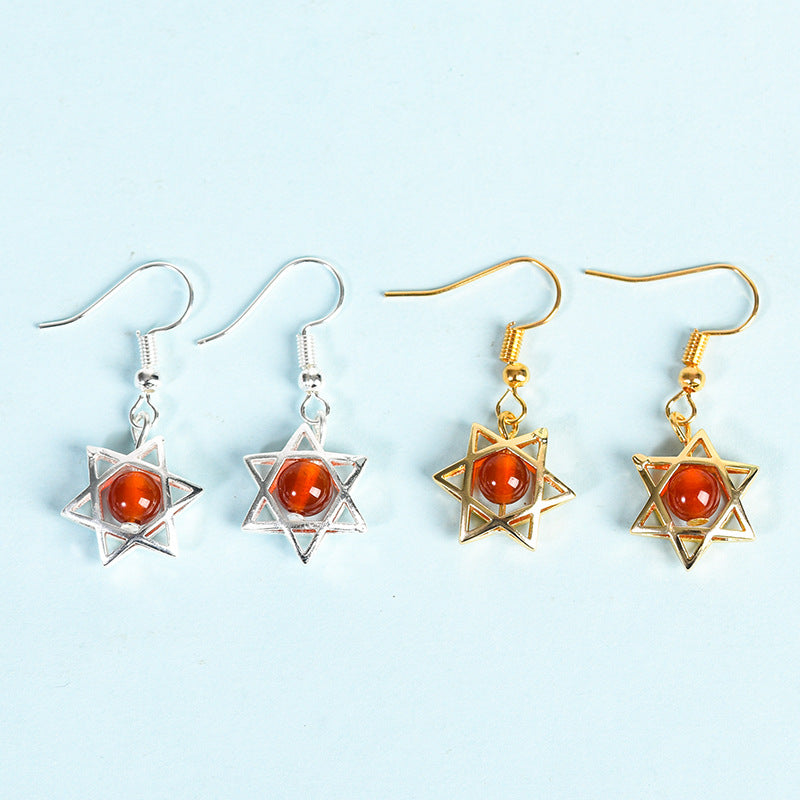 Crystal Sphere Hexagram Star Vintage Eardrop Earrings GEMROCKY-Jewelry-Red Agate-