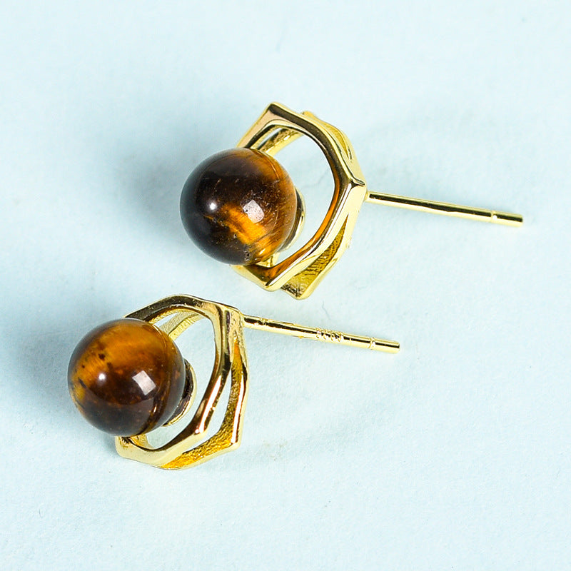 Crystal Sphere Hold Vintage Earrings GEMROCKY-Jewelry-Tiger Eye Stone-