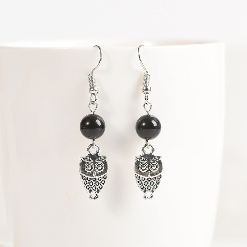 Crystal Sphere Owl Eardrop Earrings GEMROCKY-Jewelry-Black Obsidian-