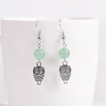 Crystal Sphere Owl Eardrop Earrings GEMROCKY-Jewelry-Green Aventurine-