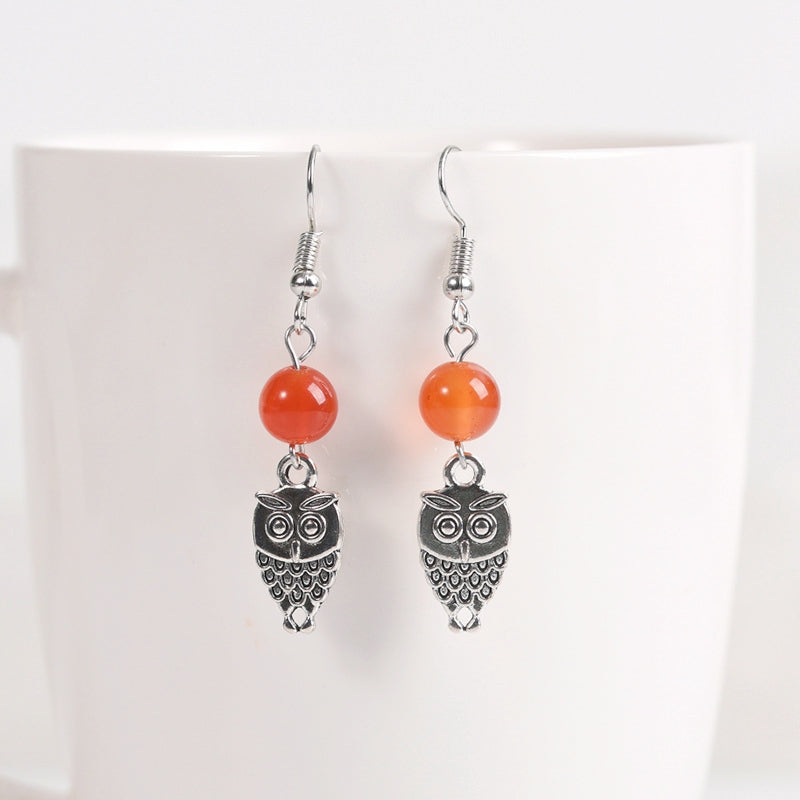 Crystal Sphere Owl Eardrop Earrings GEMROCKY-Jewelry-Red Agate-