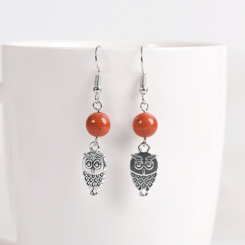 Crystal Sphere Owl Eardrop Earrings GEMROCKY-Jewelry-Red Jasper-