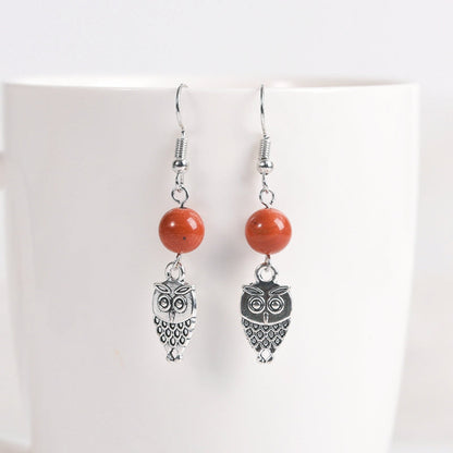 Crystal Sphere Owl Eardrop Earrings GEMROCKY-Jewelry-Red Jasper-