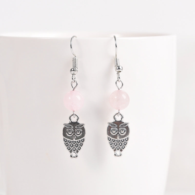 Crystal Sphere Owl Eardrop Earrings GEMROCKY-Jewelry-Rose Quartz-