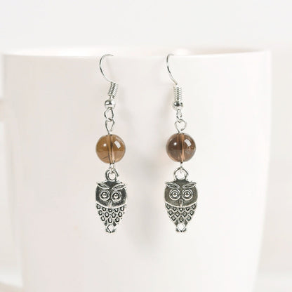 Crystal Sphere Owl Eardrop Earrings GEMROCKY-Jewelry-Smoky Quartz-