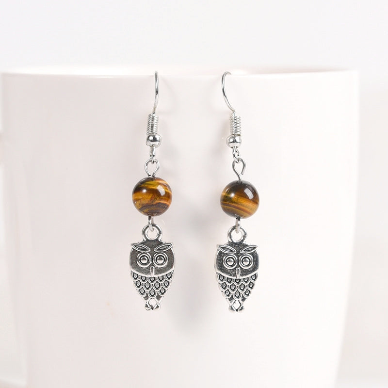 Crystal Sphere Owl Eardrop Earrings GEMROCKY-Jewelry-Tiger Eye Stone-