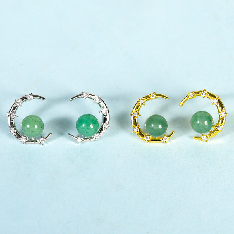 Crystal Sphere Semicircle Eardrop Earrings GEMROCKY-Jewelry-Green Aventurine-Silver Color-