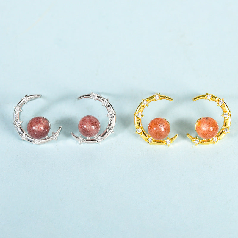 Crystal Sphere Semicircle Eardrop Earrings GEMROCKY-Jewelry-Strawberry Quartz-Silver Color-