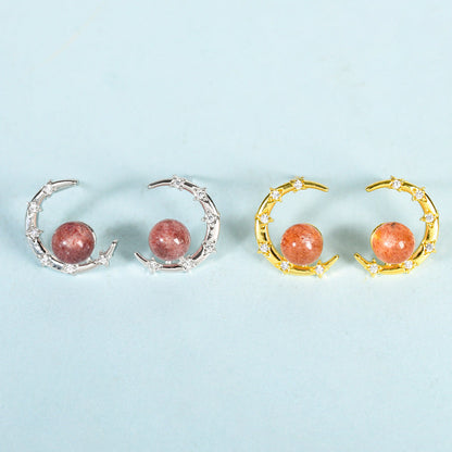 Crystal Sphere Semicircle Eardrop Earrings GEMROCKY-Jewelry-Strawberry Quartz-Silver Color-